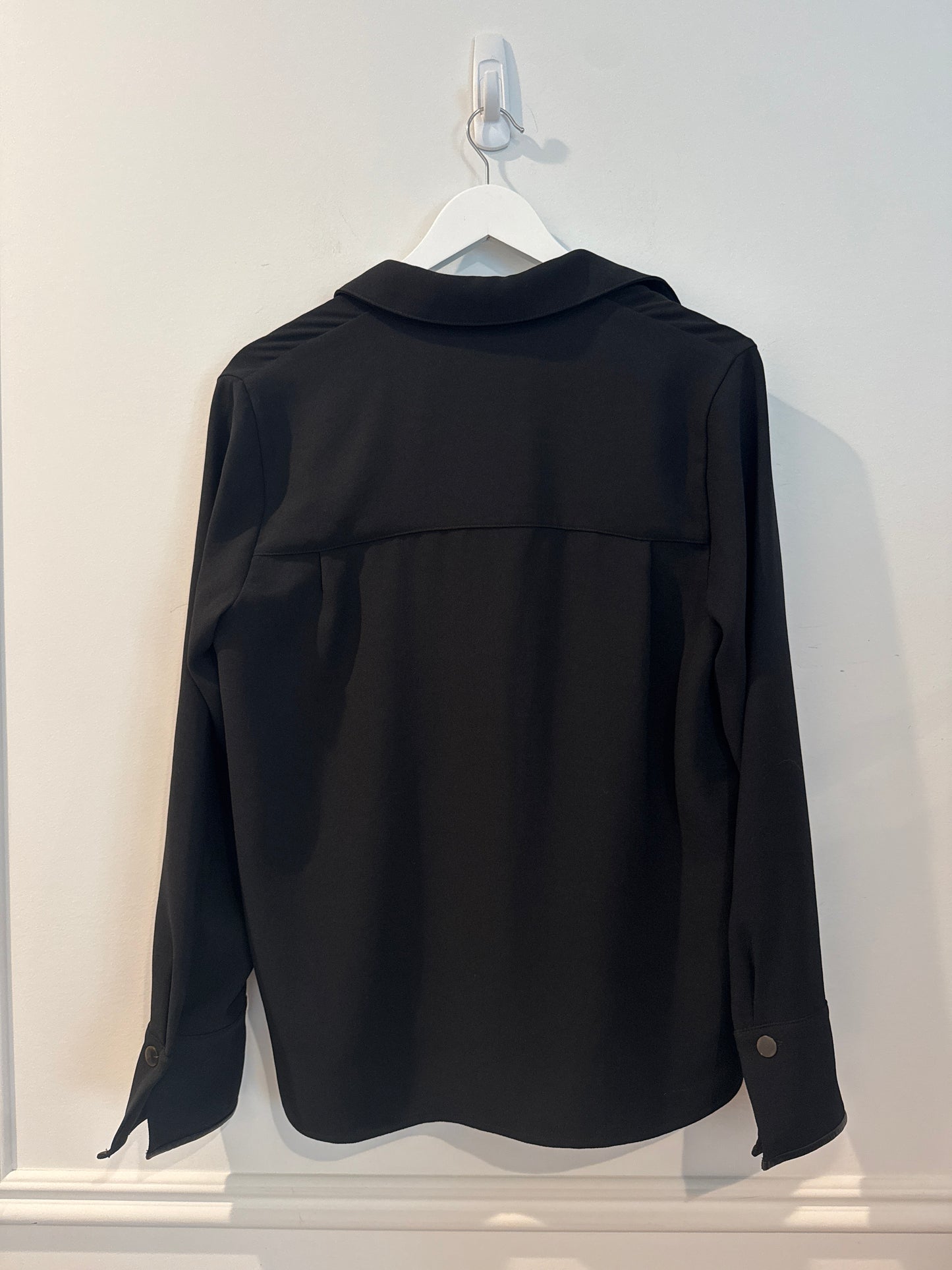 Vince Faux-Leather-Trim Crepe Button-Front Shirt, Size Small
