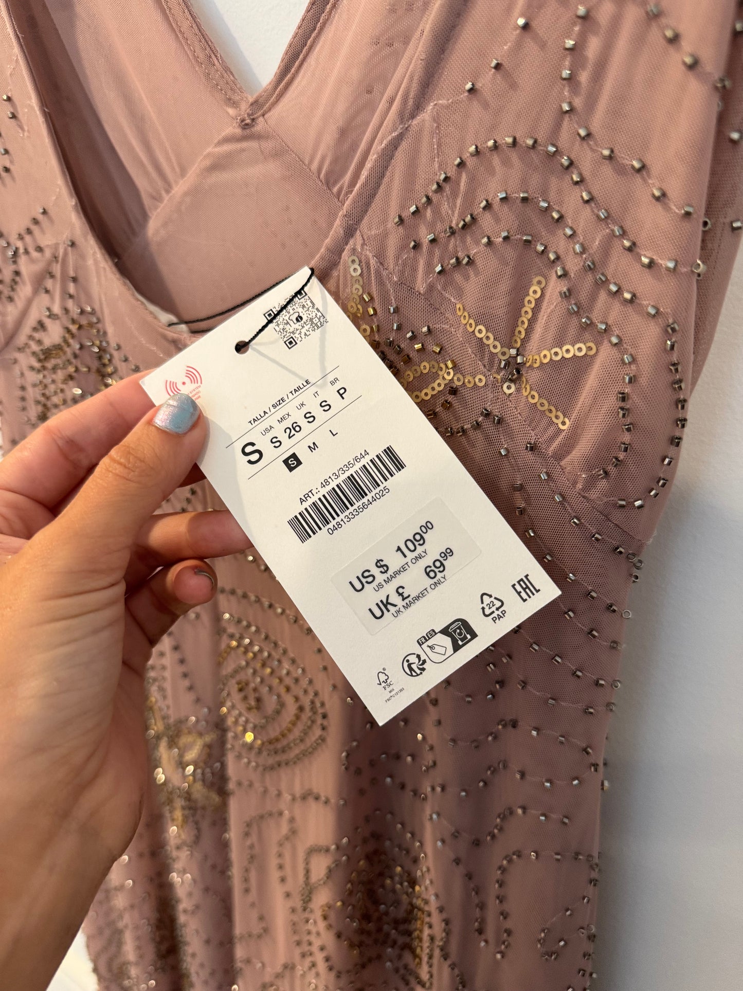 Zara *See Through* Beaded Dusty Rose Dress, Size Small