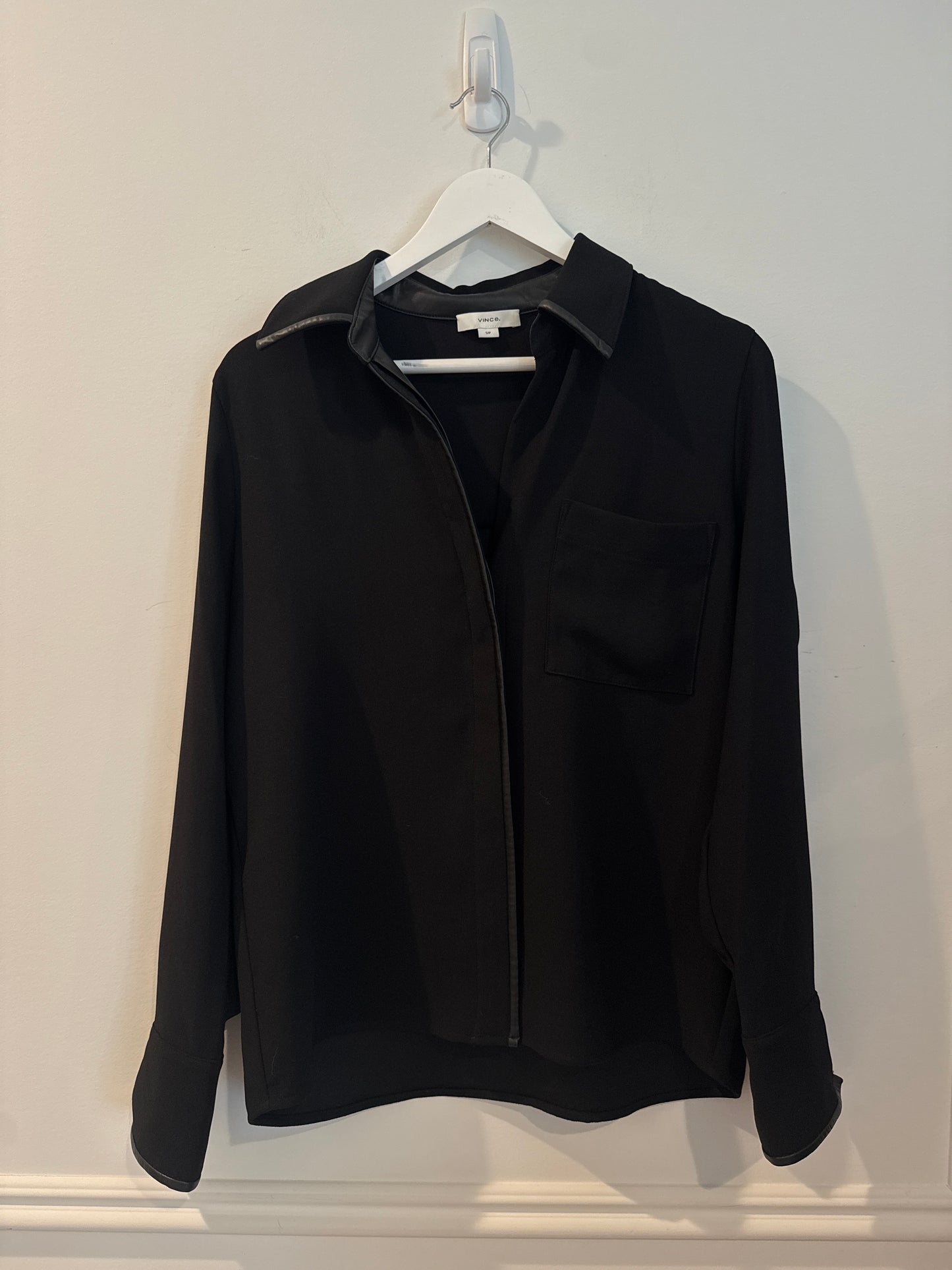 Vince Faux-Leather-Trim Crepe Button-Front Shirt, Size Small