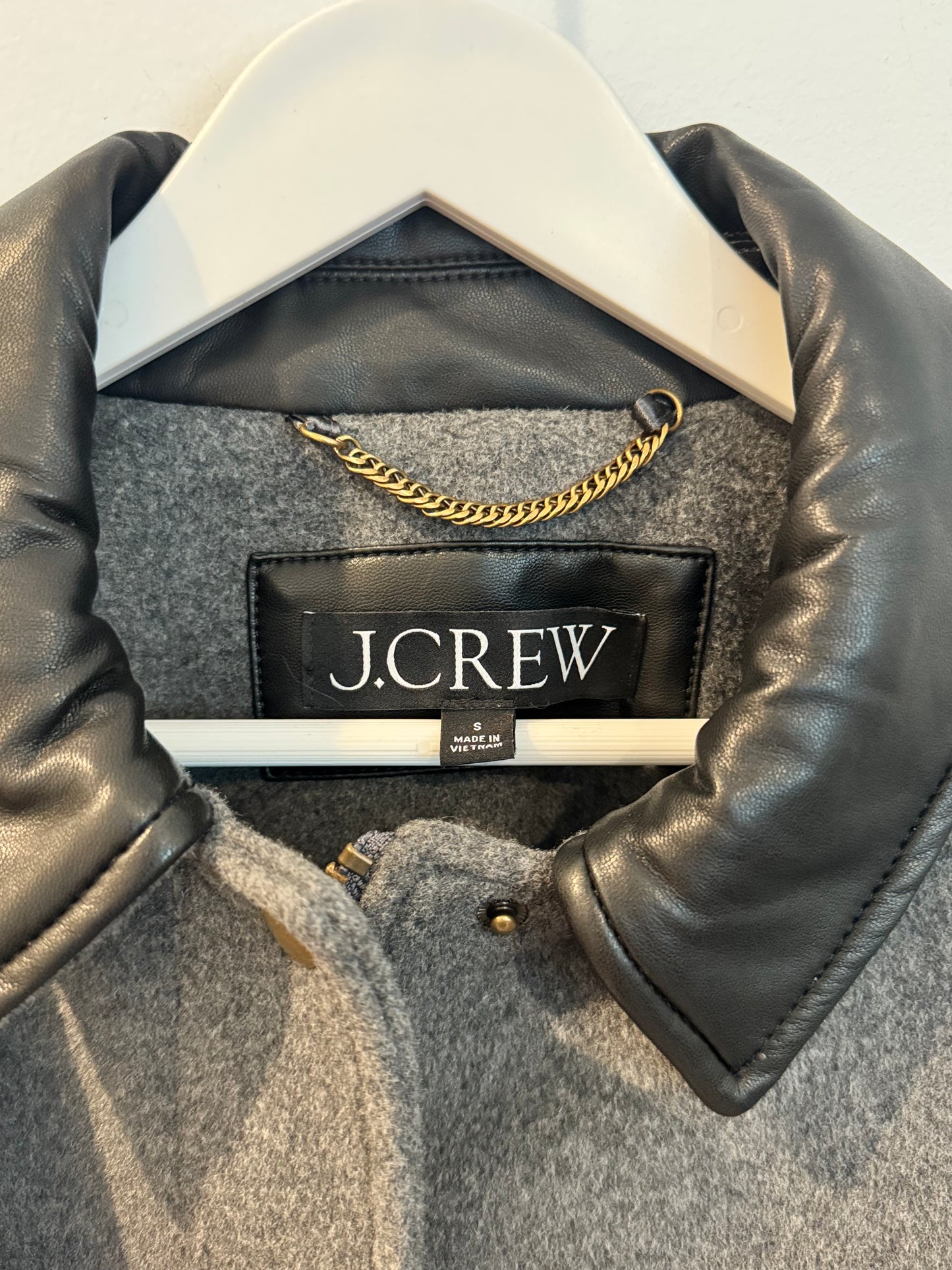 J. Crew Long Barn Jacket in Drapey Wool Blend with Leather Collar, Size Small