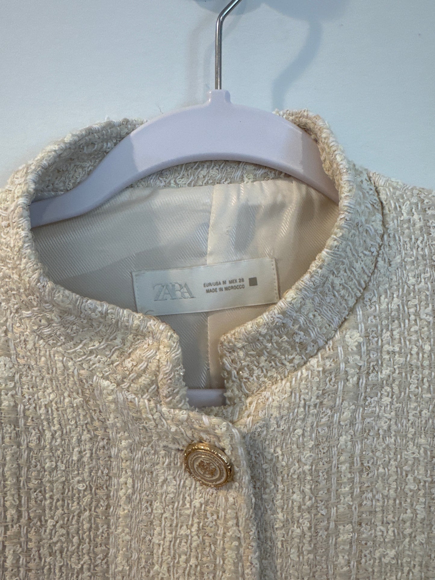 Zara Metallic Thread Structured Blazer in Ecru/Cream, Size Medium