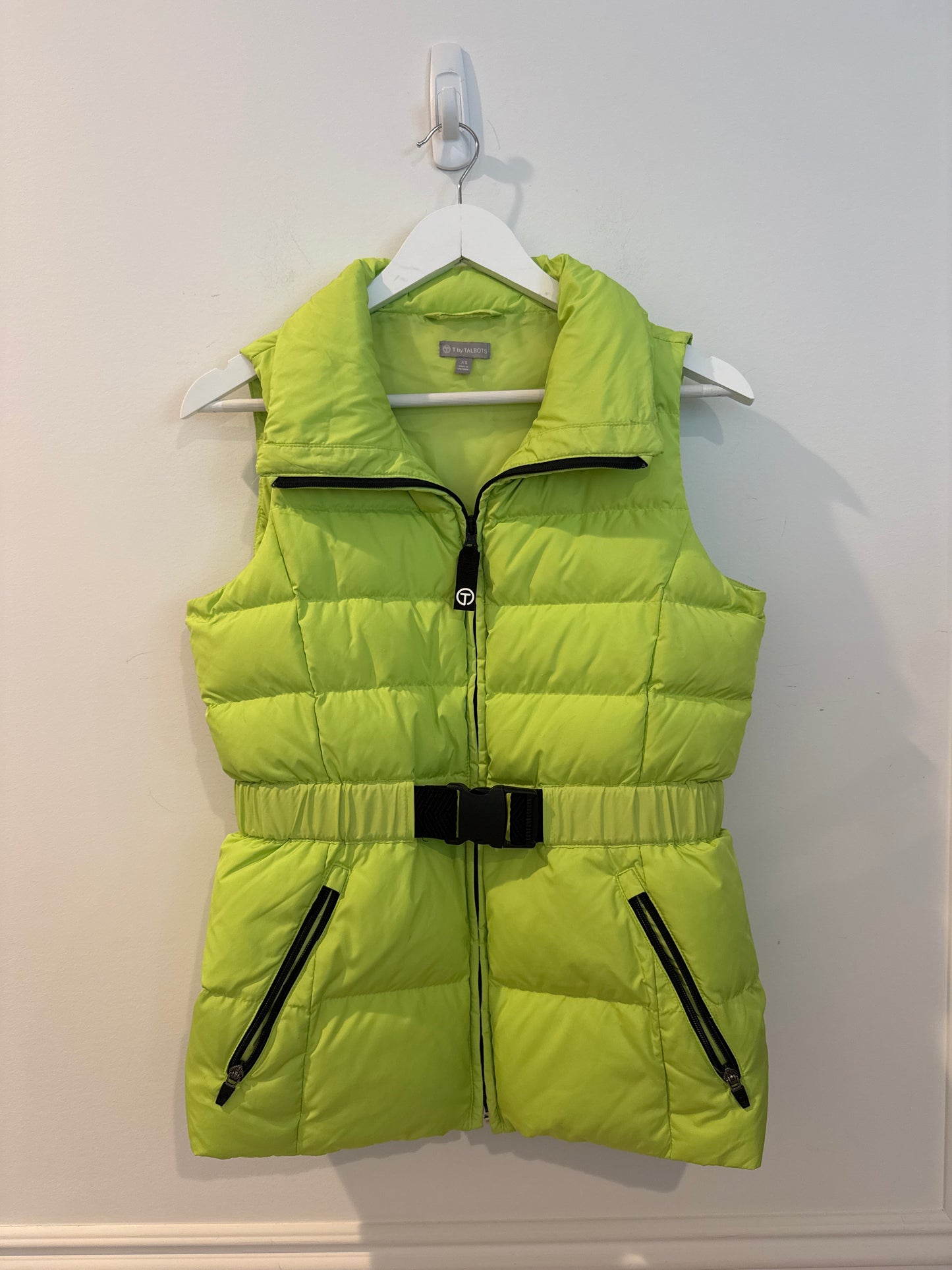 T by Talbots Belted Puffer Vest, Neon Green, Size XS