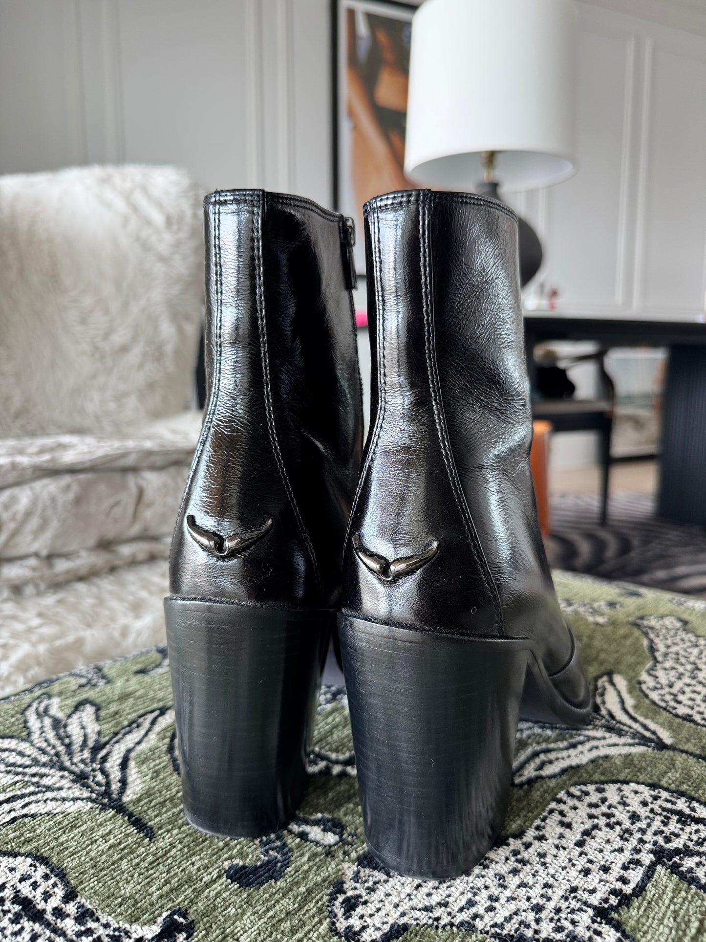 Zadig & Voltaire Black Preiser Patent Leather Ankle Boots, Size 8
