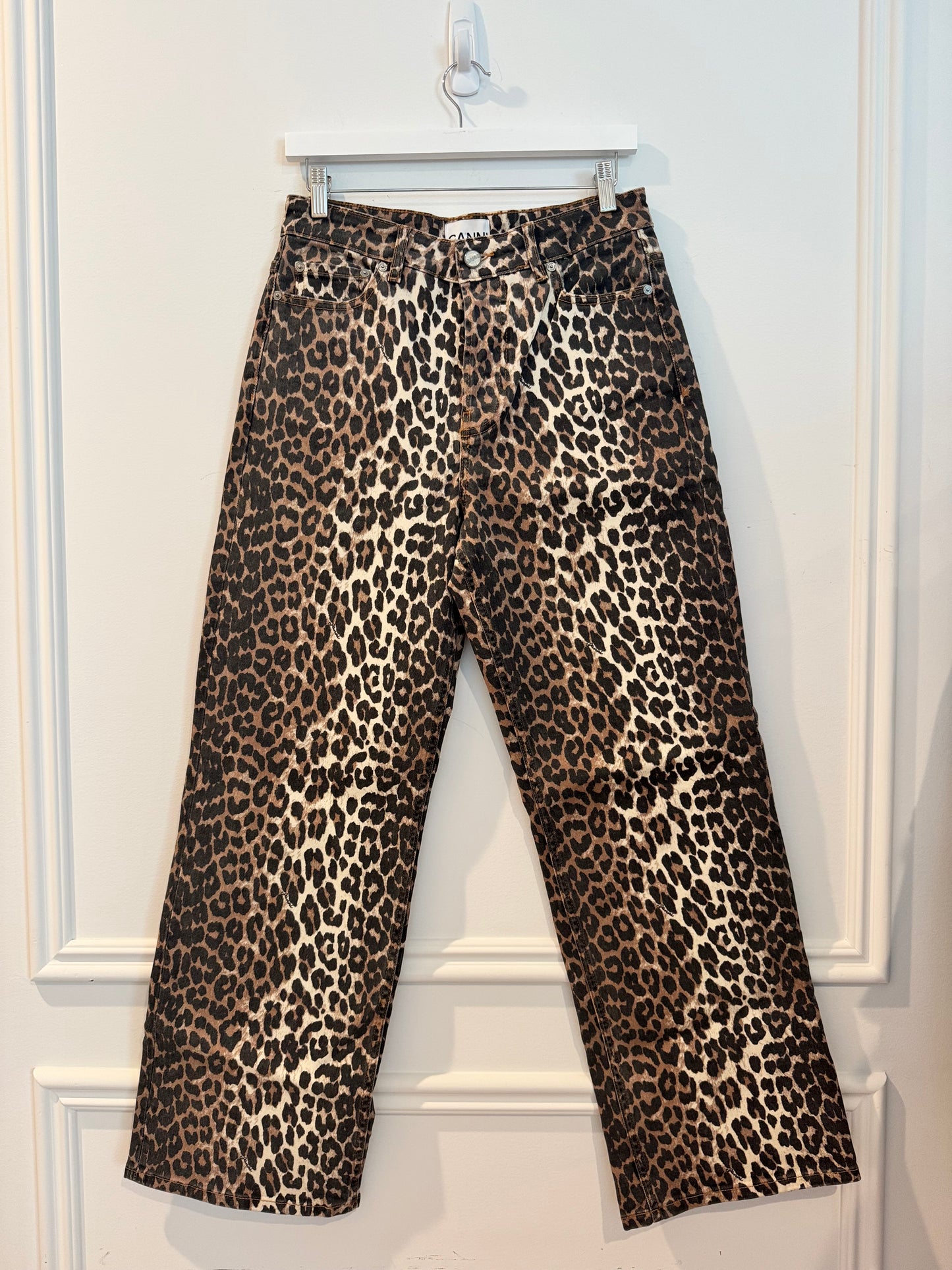 GANNI Organic Cotton Izey Jeans in Leopard Print, Size 27