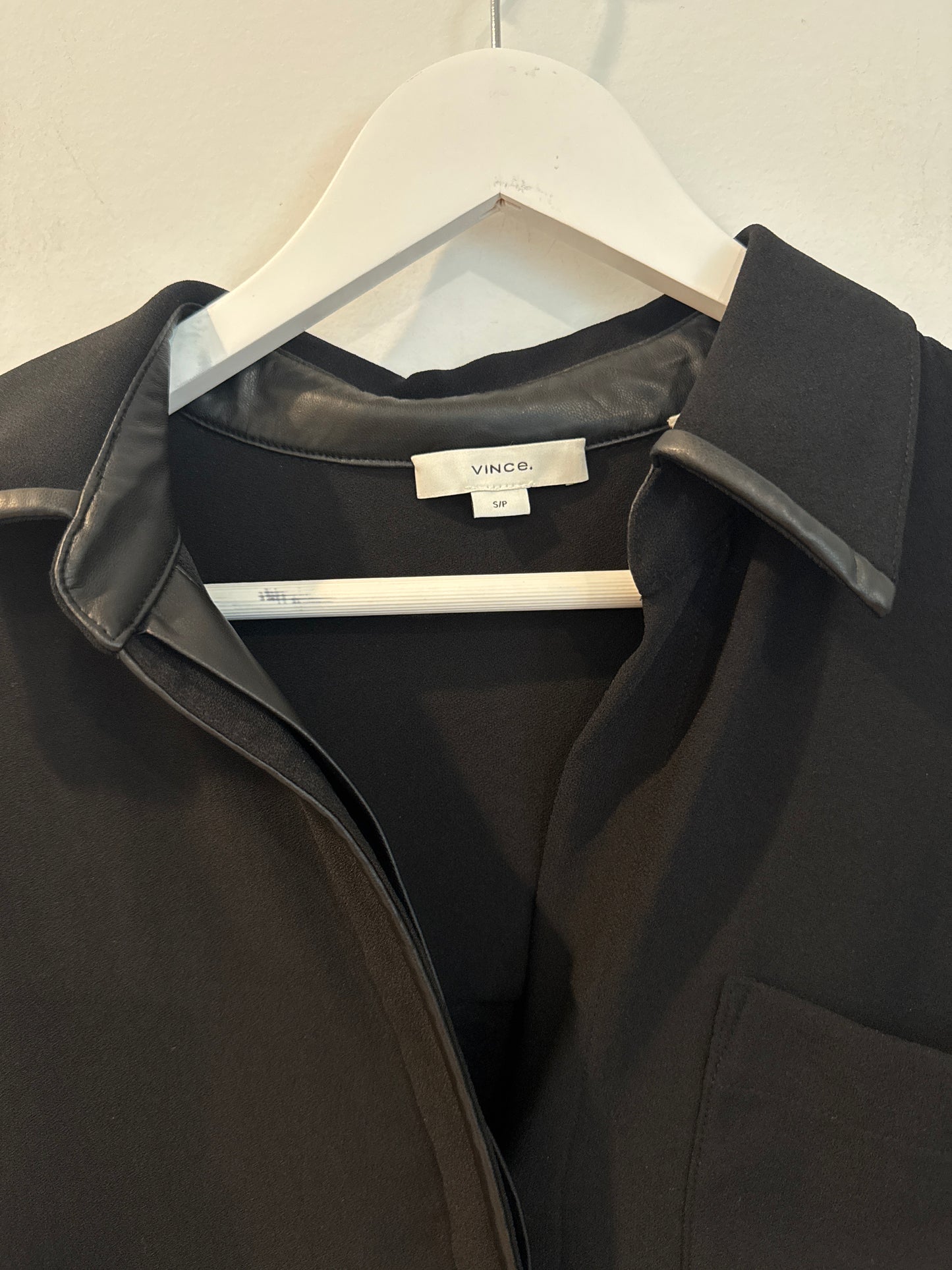 Vince Faux-Leather-Trim Crepe Button-Front Shirt, Size Small