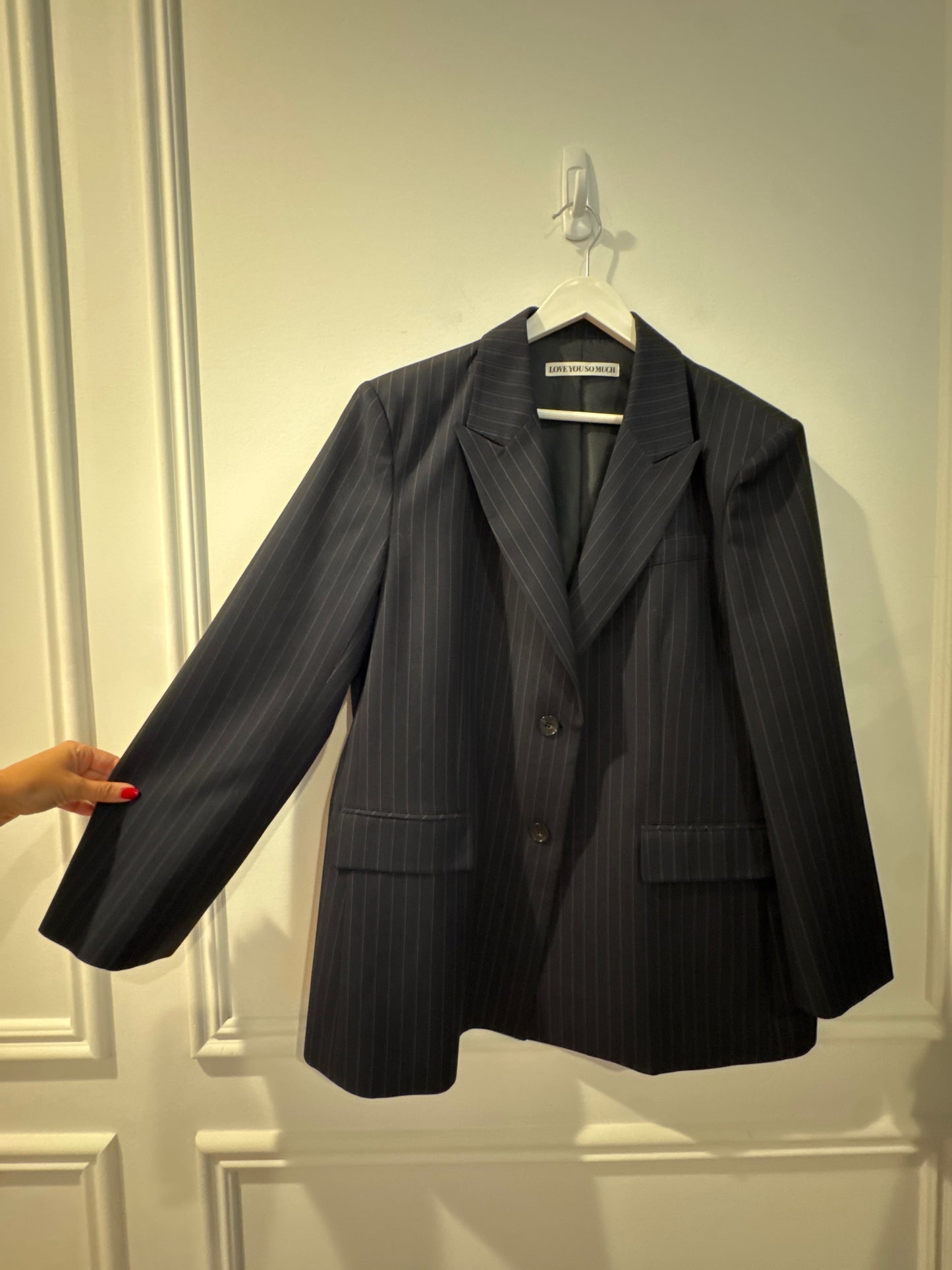 “Love You So Much” Padded Shoulder Boyfriend Pinstriped Blazer, Size Unsure (Fits Like a Large)