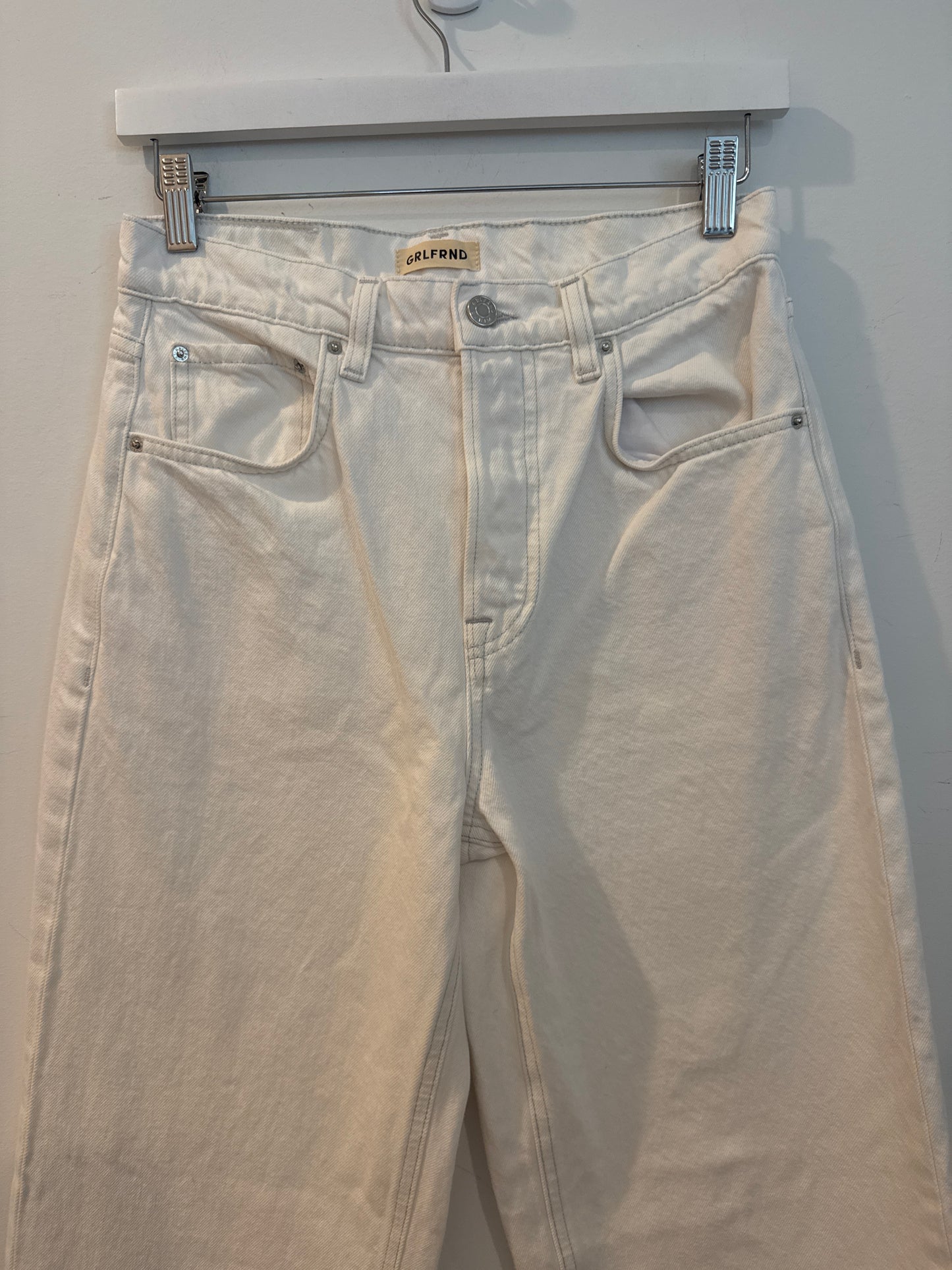 GRLFRND “The Brooklyn” Straight High Rise White Denim Jeans, Size 27