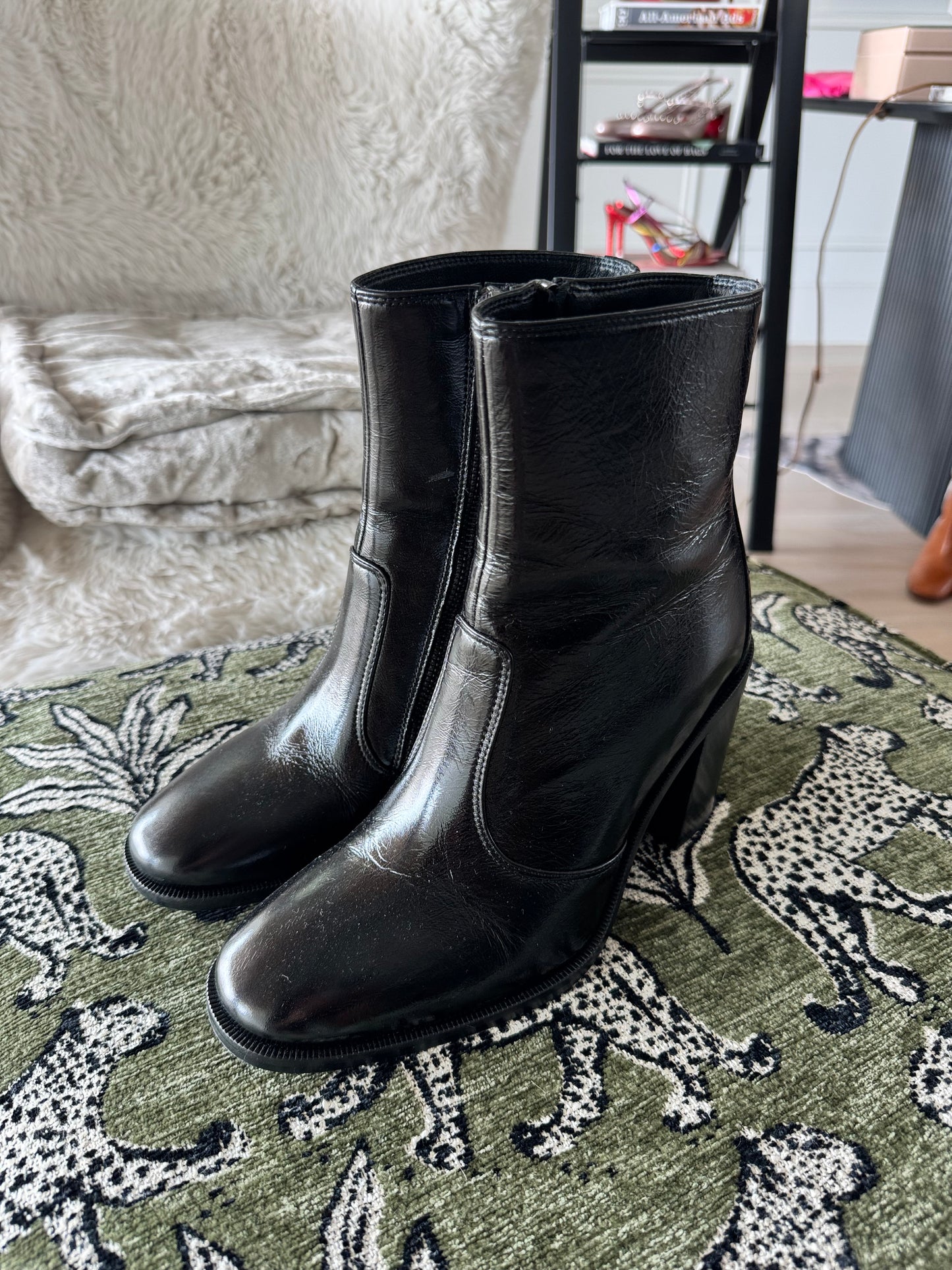 Zadig & Voltaire Black Preiser Patent Leather Ankle Boots, Size 8