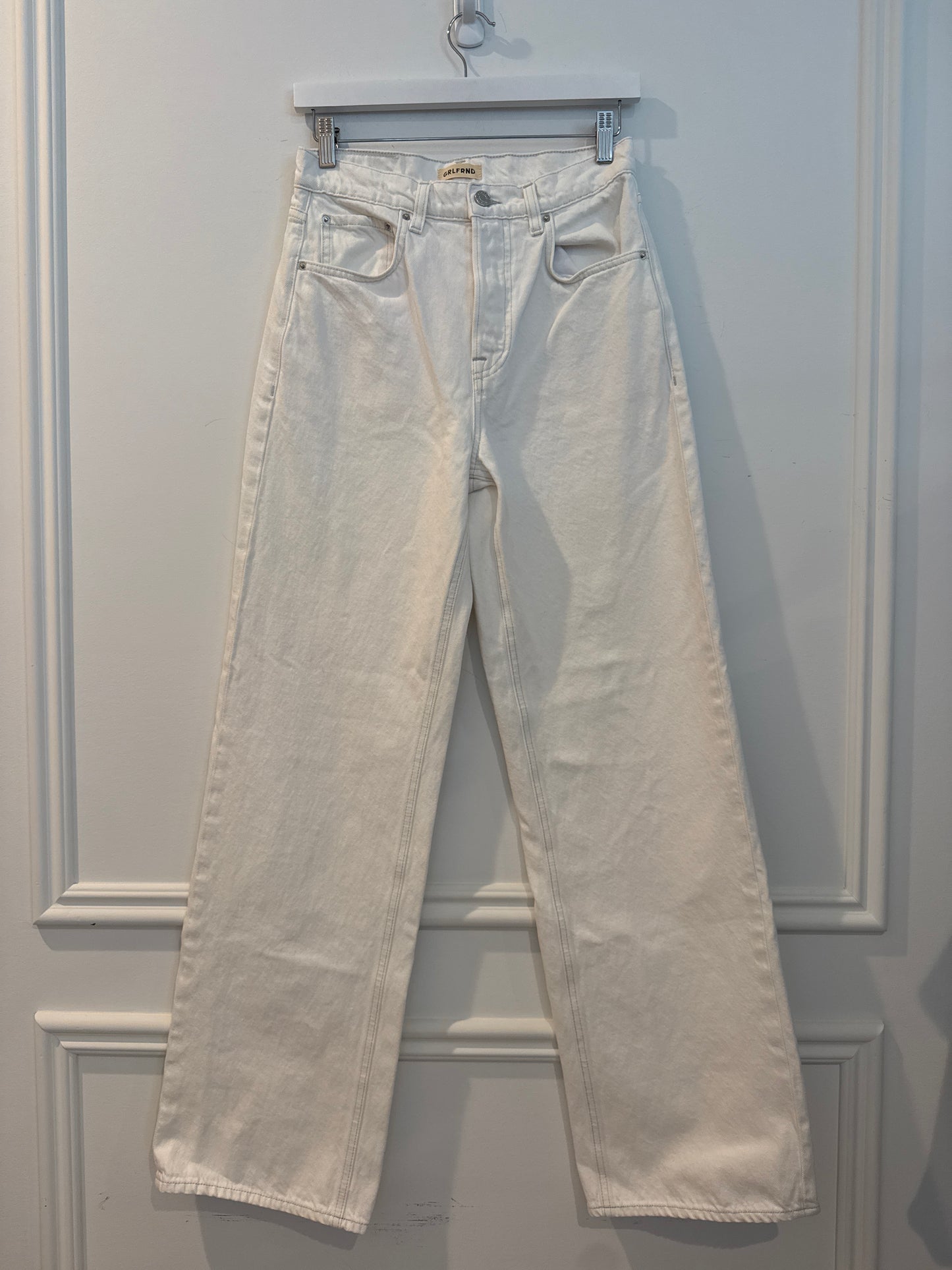 GRLFRND “The Brooklyn” Straight High Rise White Denim Jeans, Size 27