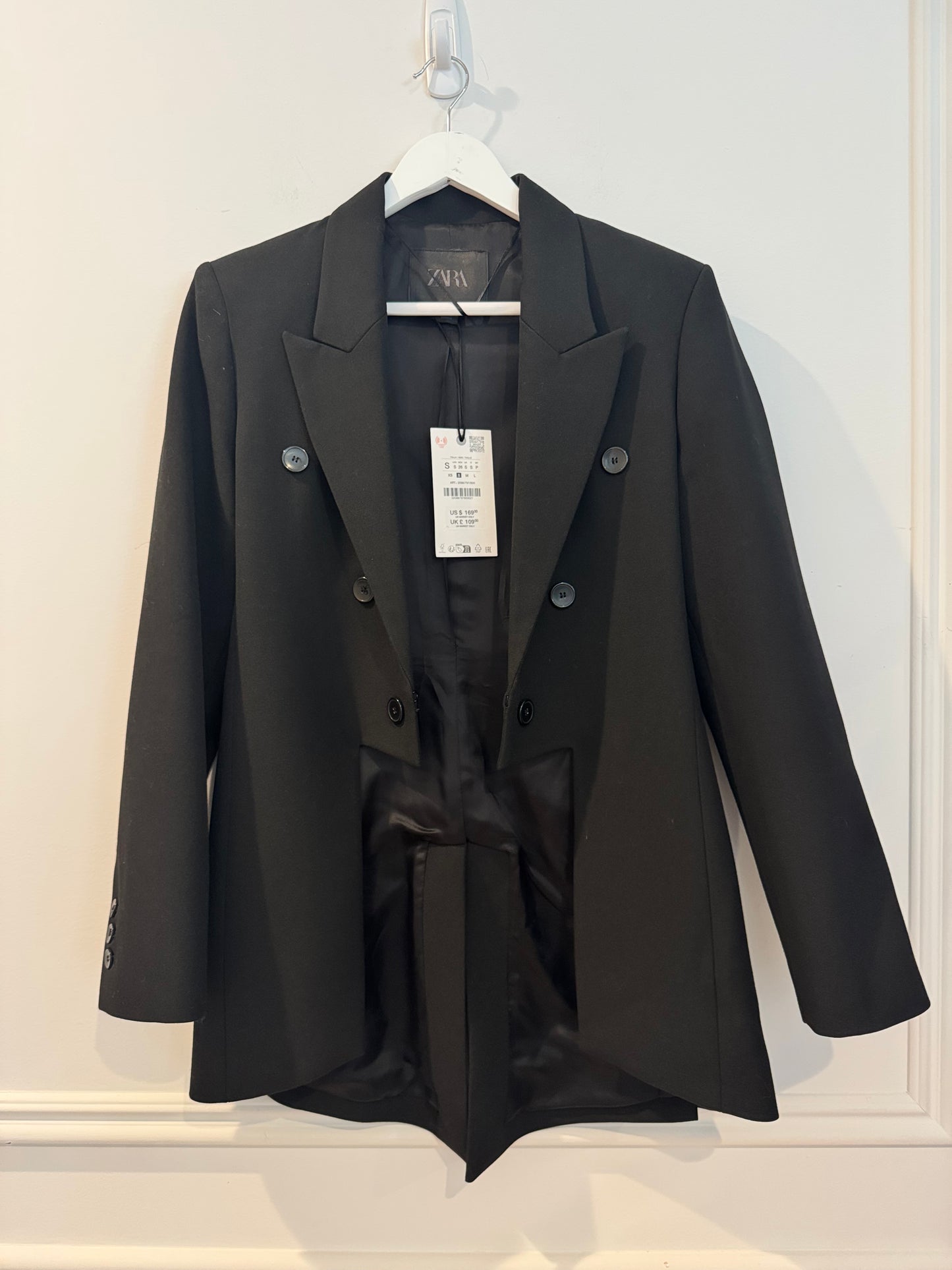 Zara Black Double Breasted Blazer, Size Small