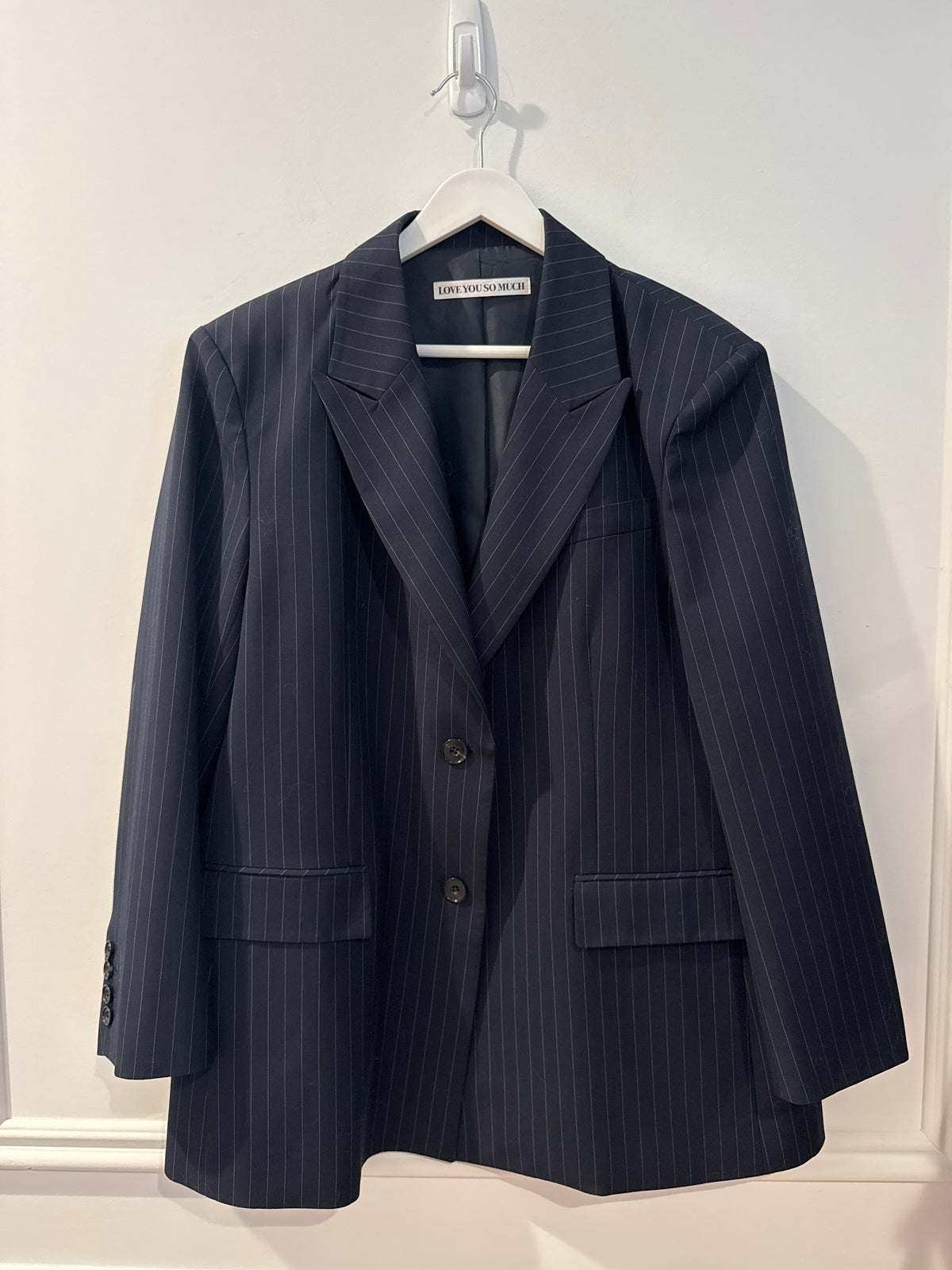 “Love You So Much” Padded Shoulder Boyfriend Pinstriped Blazer, Size Unsure (Fits Like a Large)