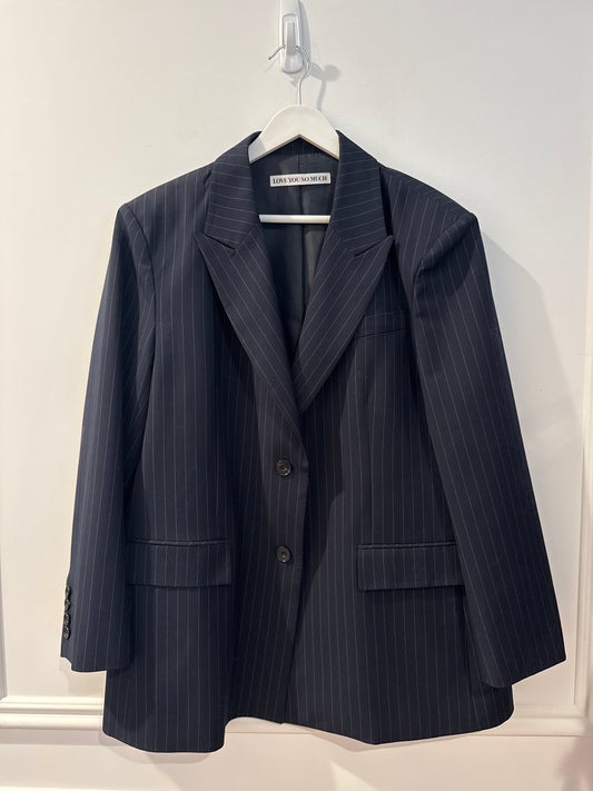 “Love You So Much” Padded Shoulder Boyfriend Pinstriped Blazer, Size Unsure (Fits Like a Large)