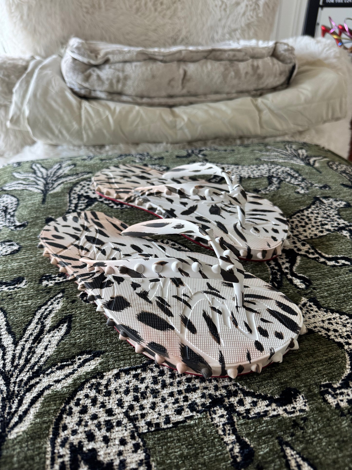 Christian Louboutin Super Loubi Leopard Print Spiked Flip Flops, Size 8