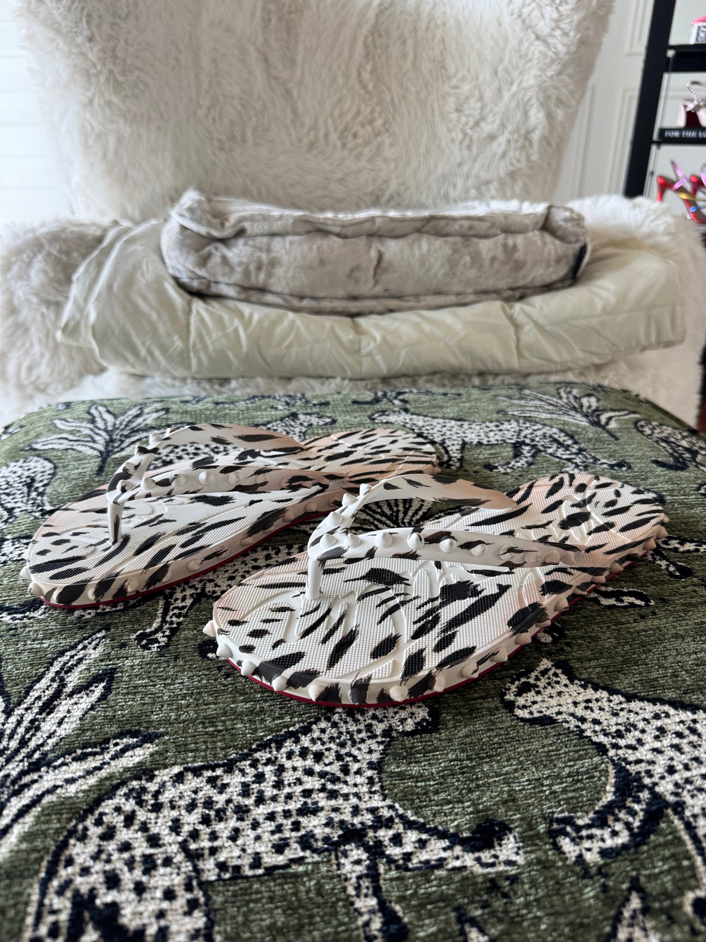 Christian Louboutin Super Loubi Leopard Print Spiked Flip Flops, Size 8