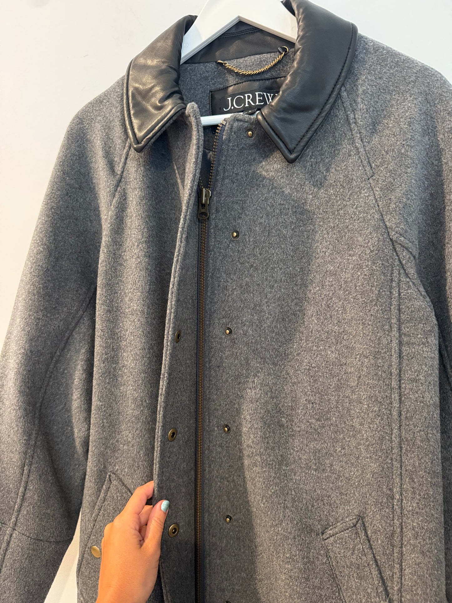 J. Crew Long Barn Jacket in Drapey Wool Blend with Leather Collar, Size Small