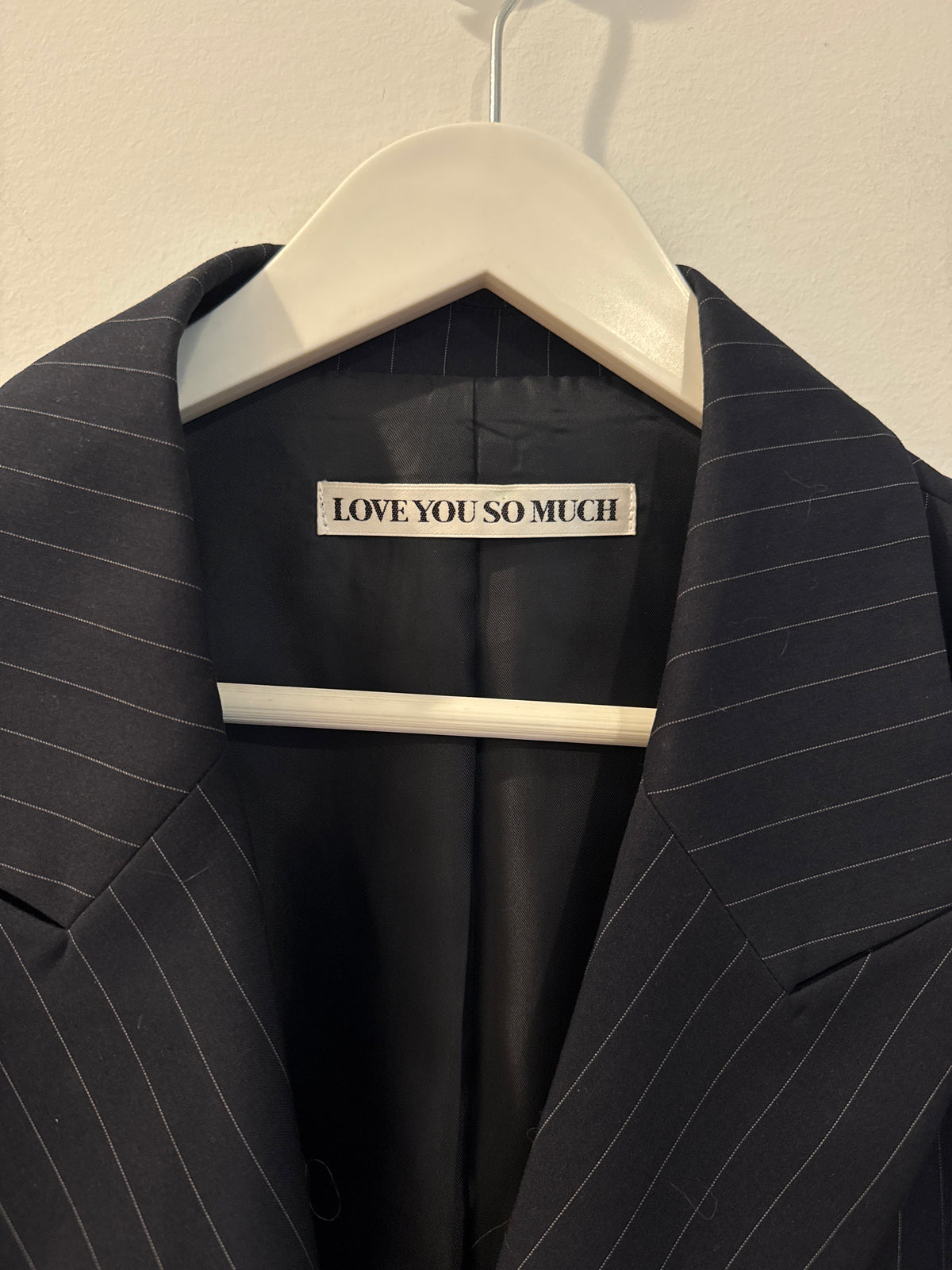“Love You So Much” Padded Shoulder Boyfriend Pinstriped Blazer, Size Unsure (Fits Like a Large)