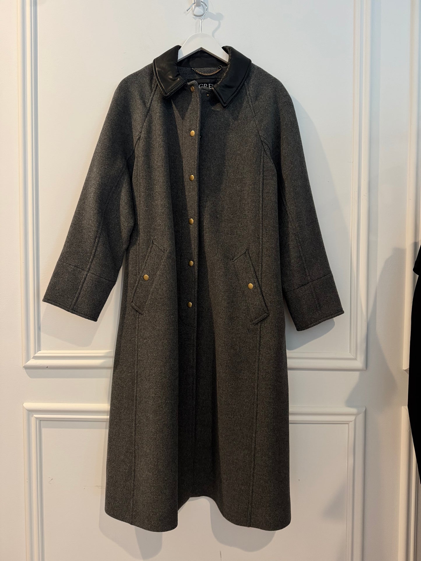 J. Crew Long Barn Jacket in Drapey Wool Blend with Leather Collar, Size Small