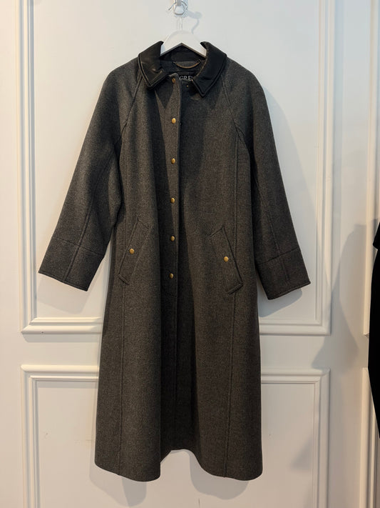 J. Crew Long Barn Jacket in Drapey Wool Blend with Leather Collar, Size Small