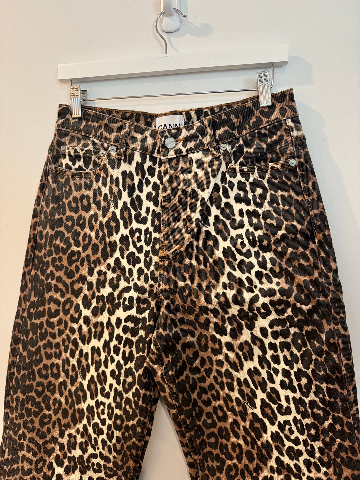 GANNI Organic Cotton Izey Jeans in Leopard Print, Size 27