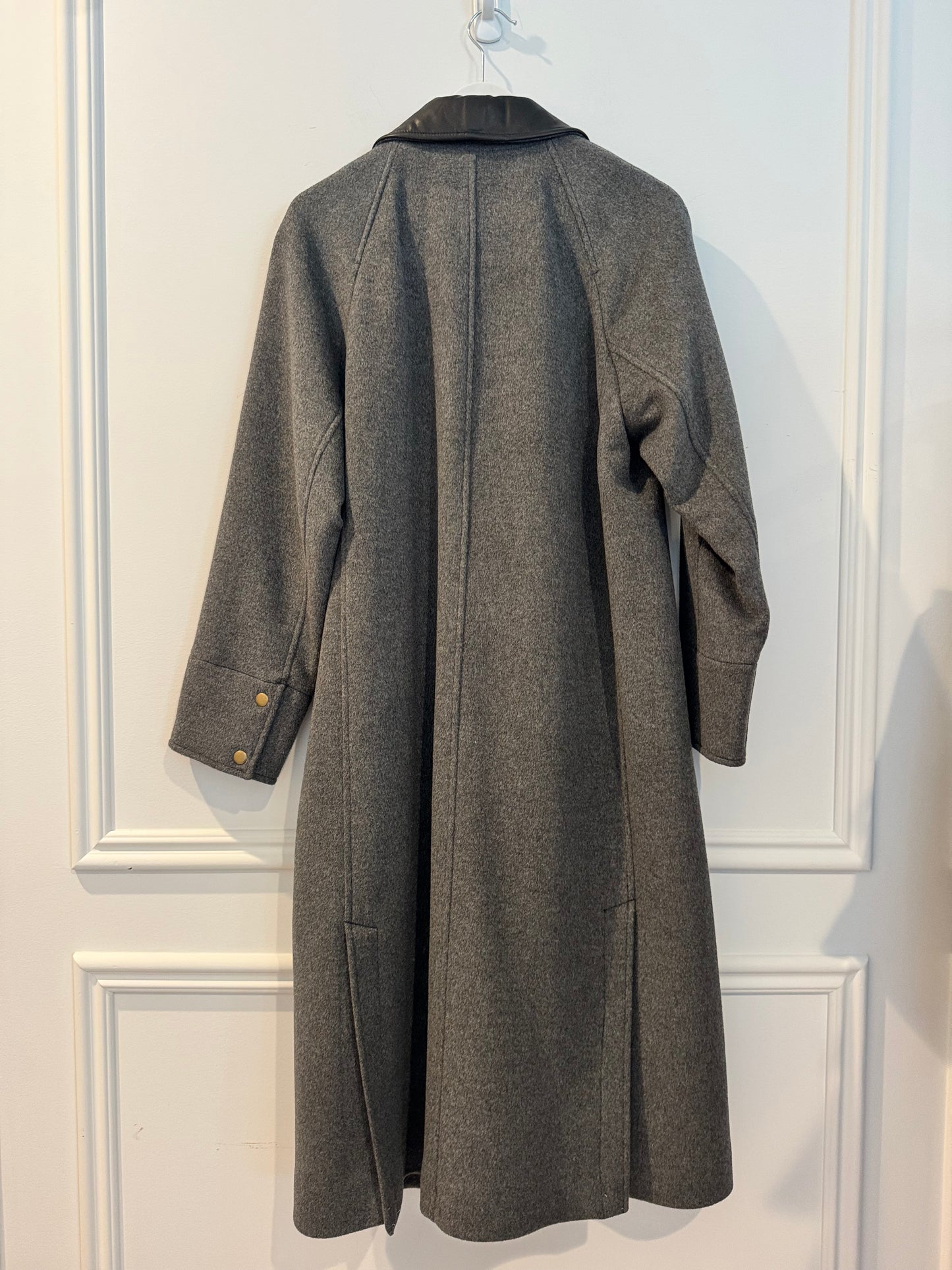 J. Crew Long Barn Jacket in Drapey Wool Blend with Leather Collar, Size Small