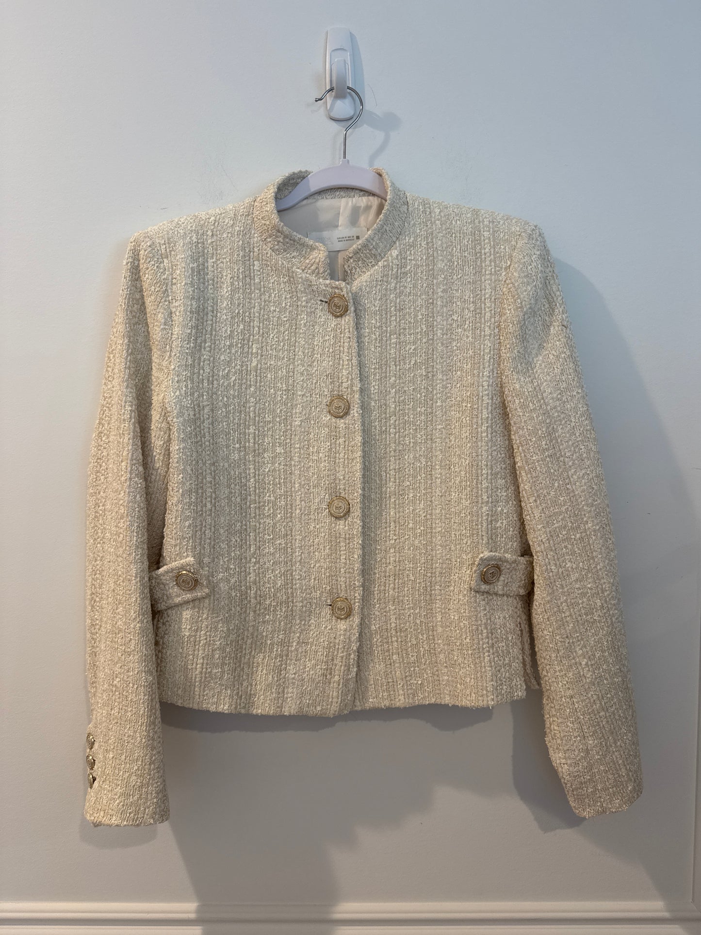 Zara Metallic Thread Structured Blazer in Ecru/Cream, Size Medium