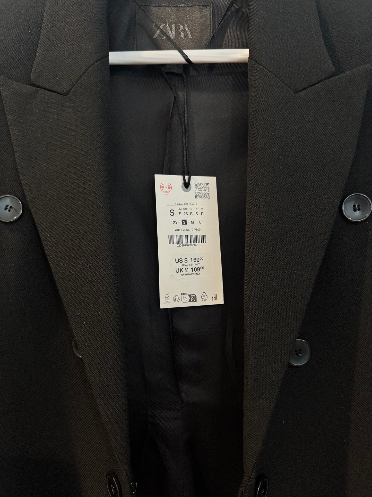 Zara Black Double Breasted Blazer, Size Small