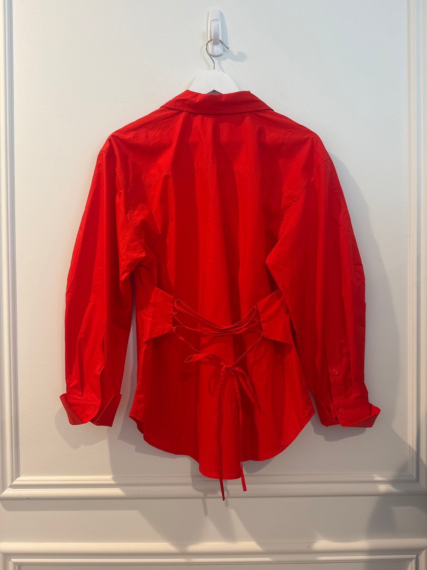 Scoop “The Devil Wears Prada” Back Lace Up Red Cotton Shirt, Size Small