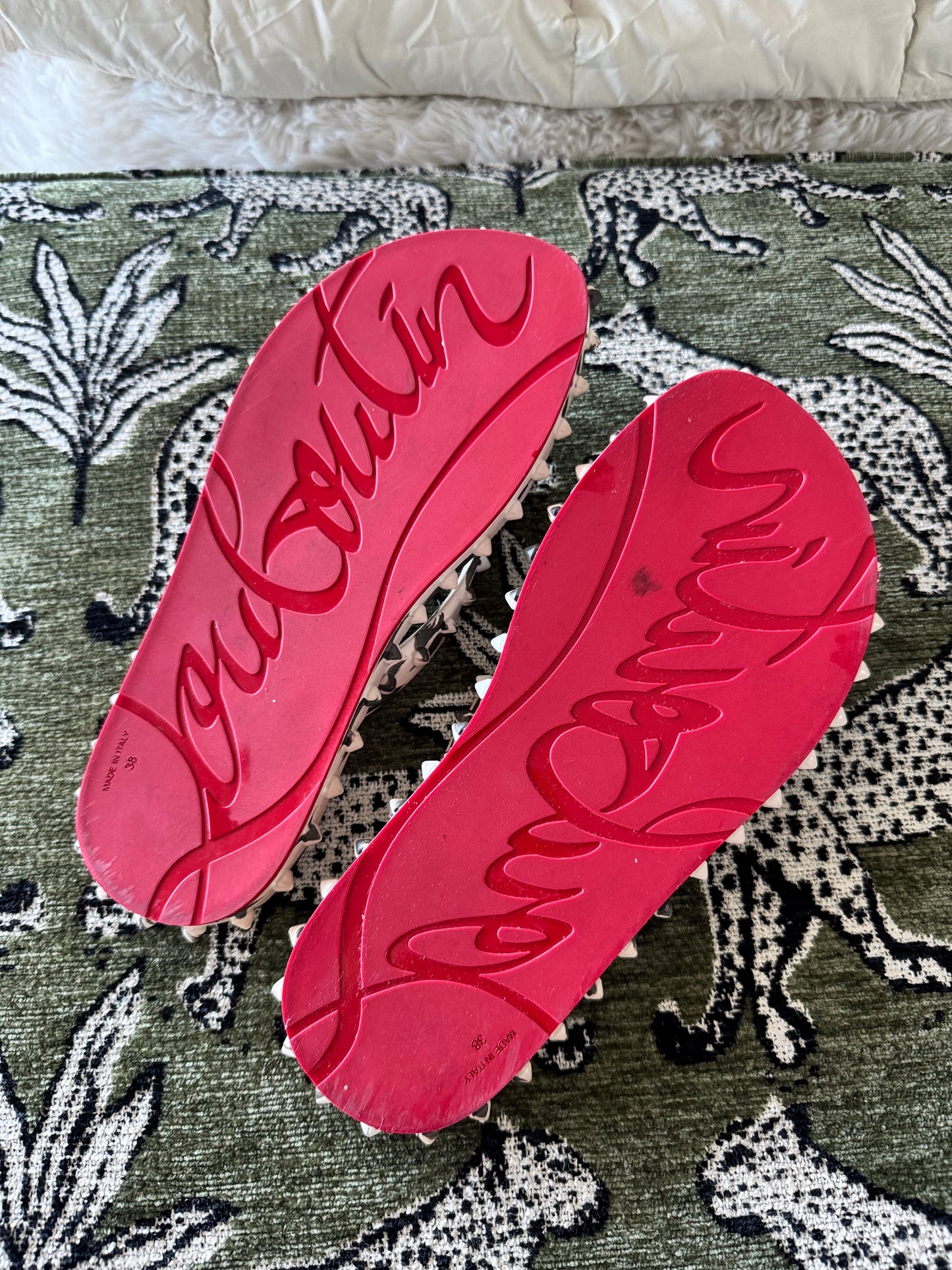 Christian Louboutin Super Loubi Leopard Print Spiked Flip Flops, Size 8