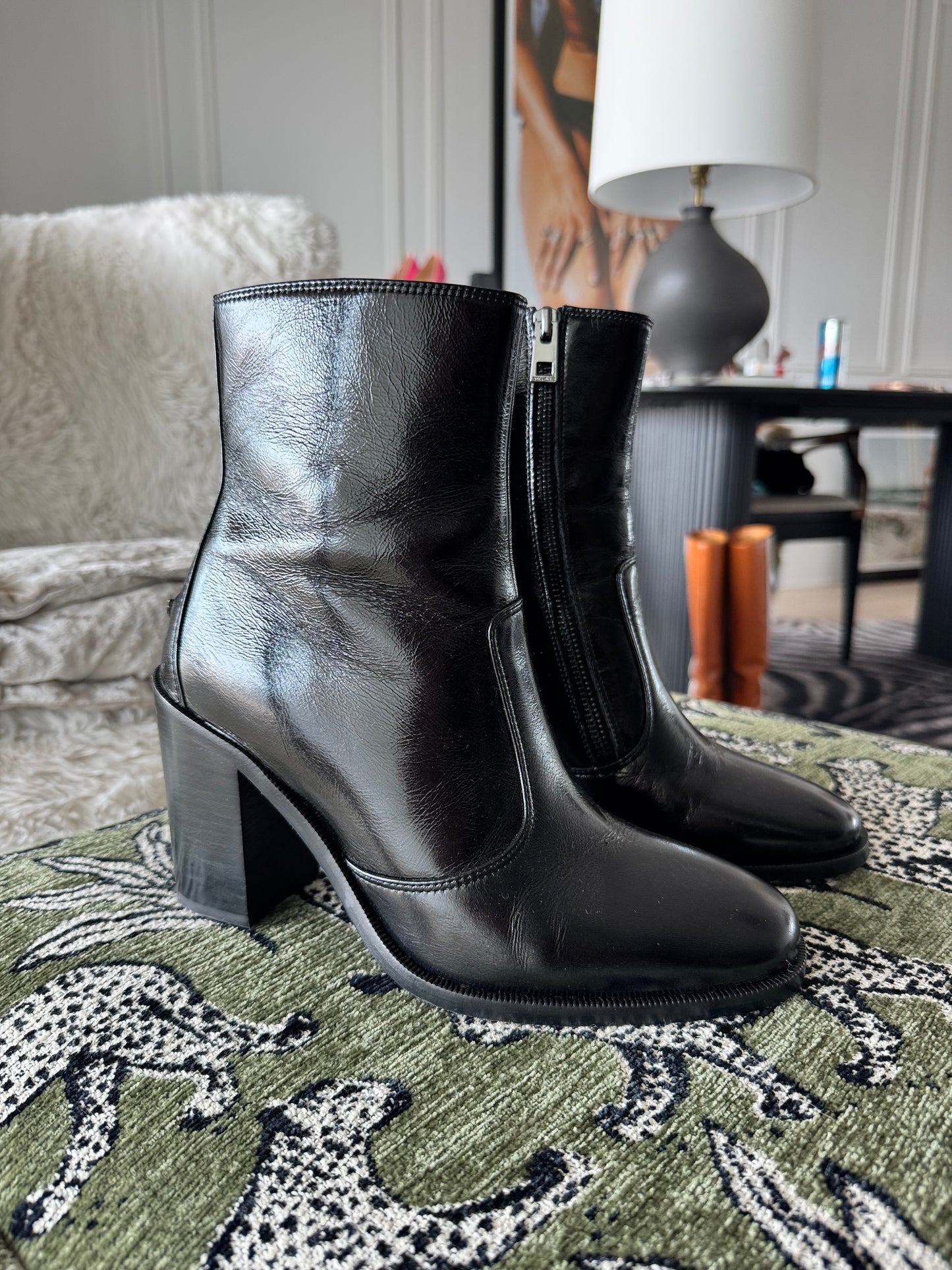 Zadig & Voltaire Black Preiser Patent Leather Ankle Boots, Size 8