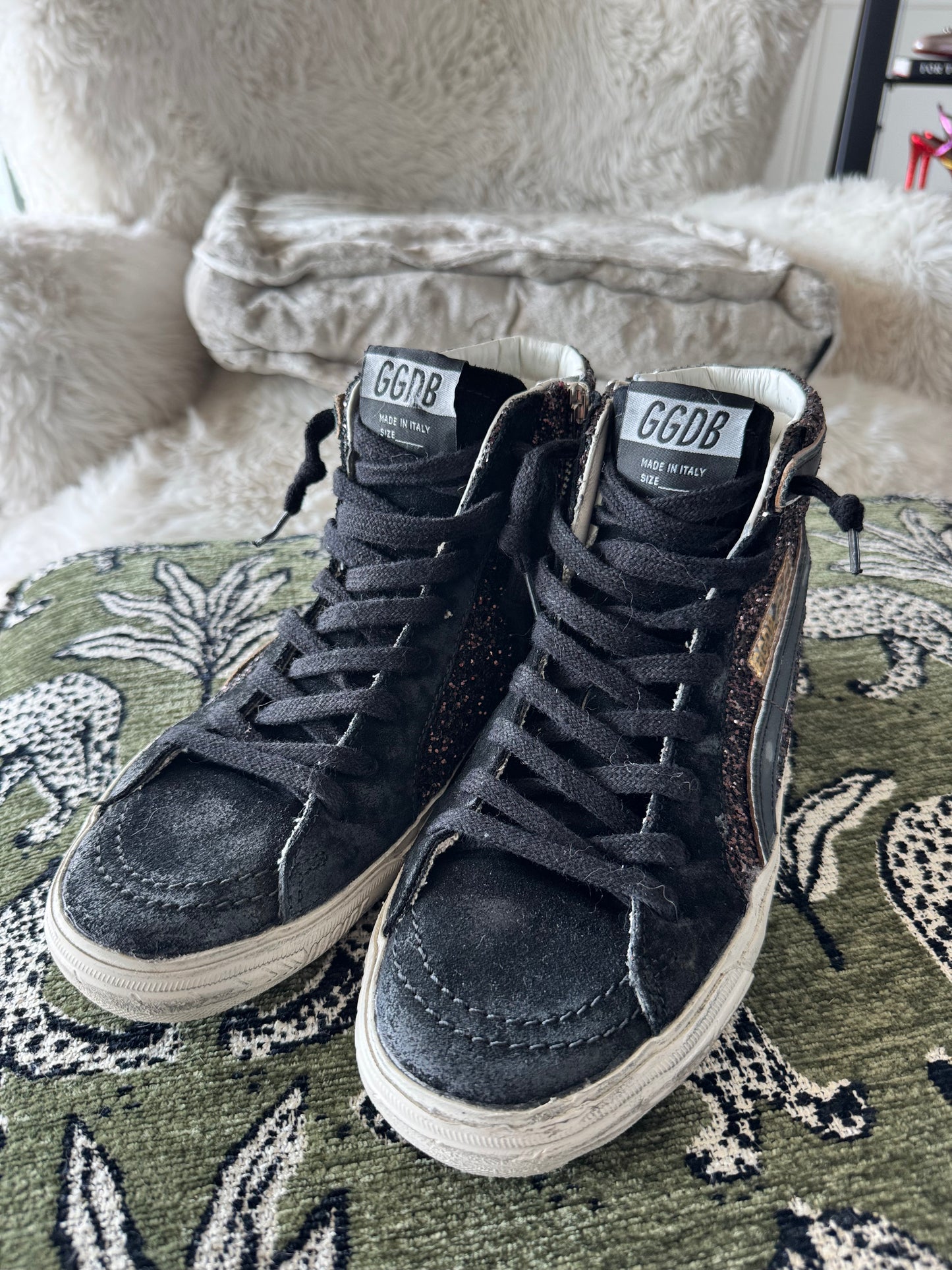 Golden Goose Slide High-Top Sneakers in Brown Glitter and Black Leather, Women’s Size 8