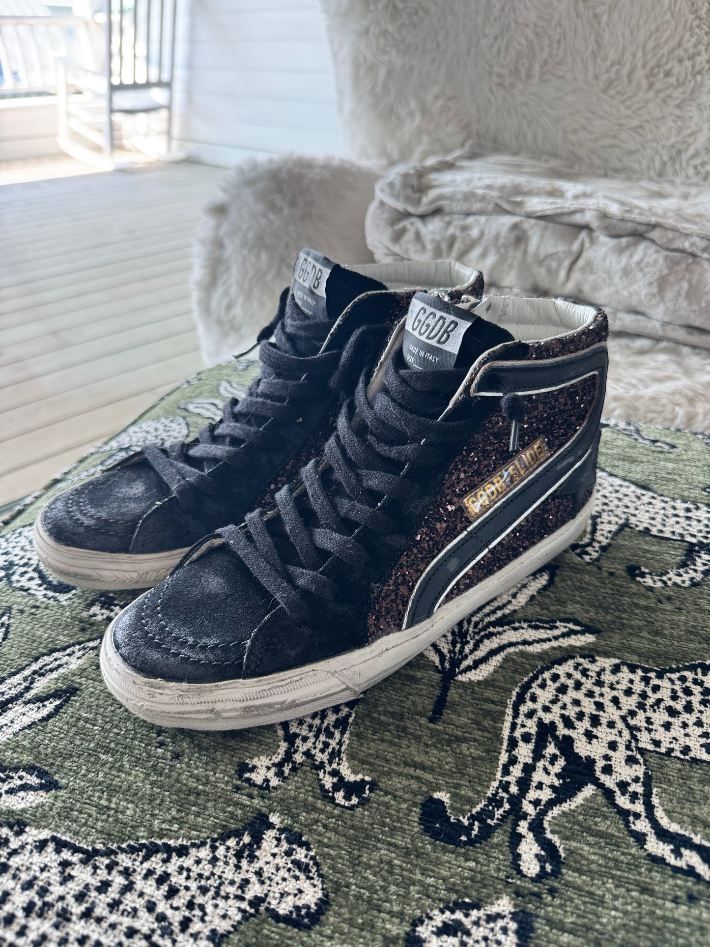 Golden Goose Slide High-Top Sneakers in Brown Glitter and Black Leather, Women’s Size 8