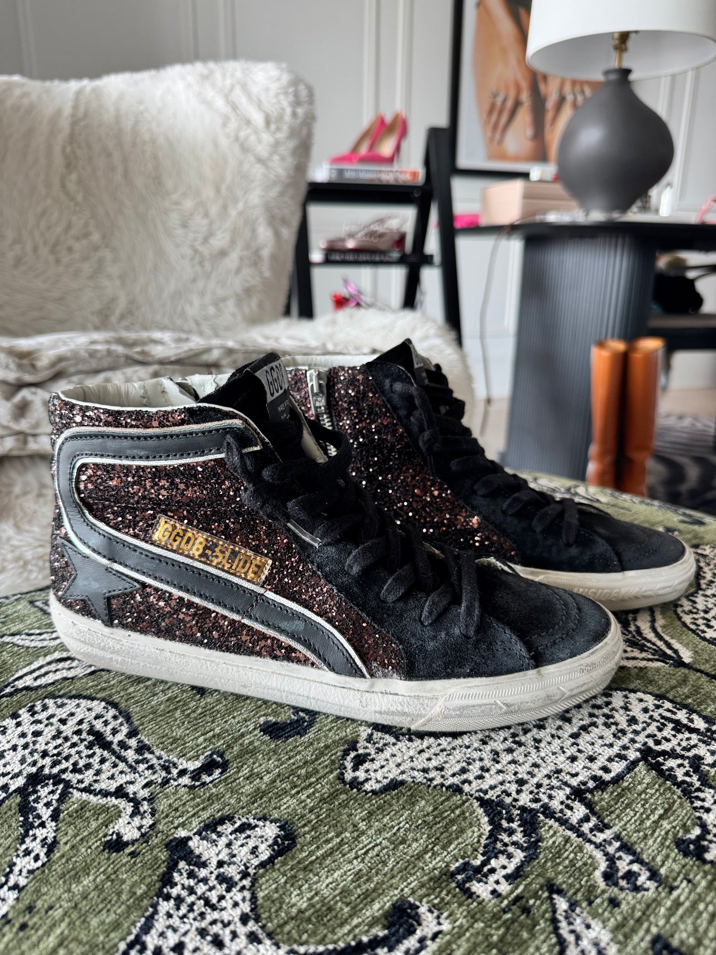 Golden Goose Slide High-Top Sneakers in Brown Glitter and Black Leather, Women’s Size 8