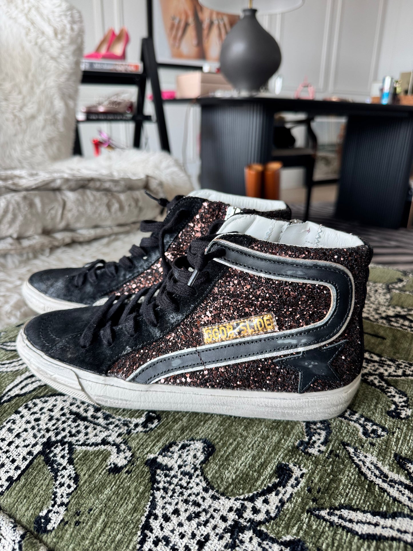 Golden Goose Slide High-Top Sneakers in Brown Glitter and Black Leather, Women’s Size 8