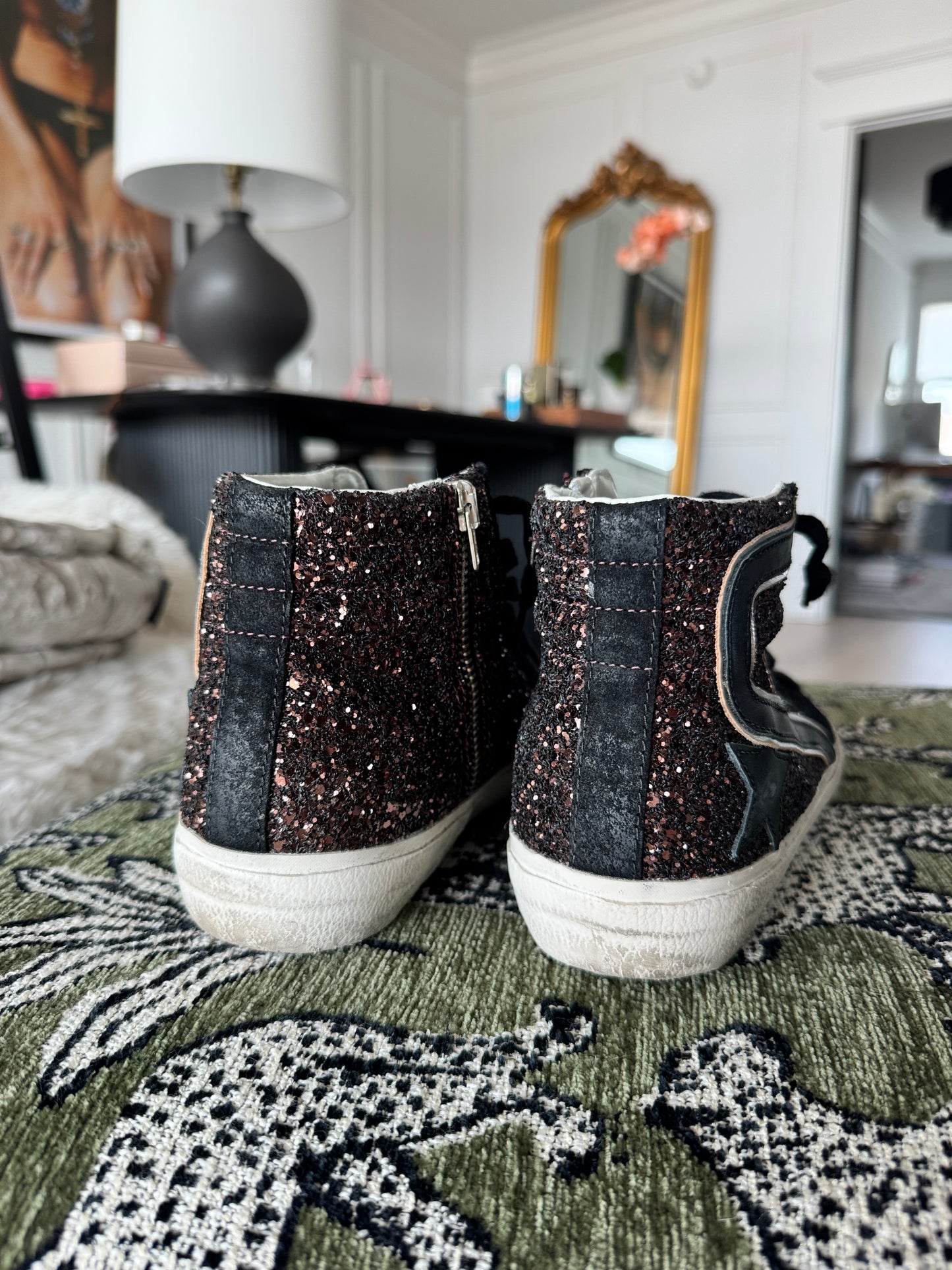 Golden Goose Slide High-Top Sneakers in Brown Glitter and Black Leather, Women’s Size 8